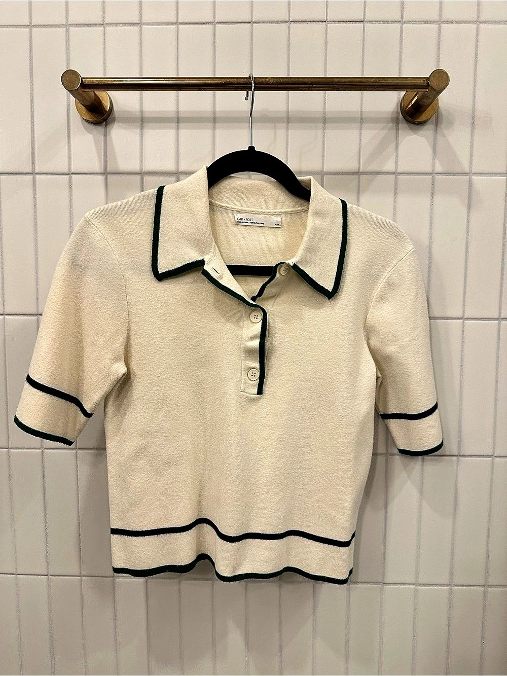 OAK + FORT Contrast Trim Polo Top Cream Medium Like New